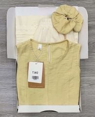 KS0890-Set áo tơ vàng, quần suông thêu hoa Kem (kèm cột tóc)