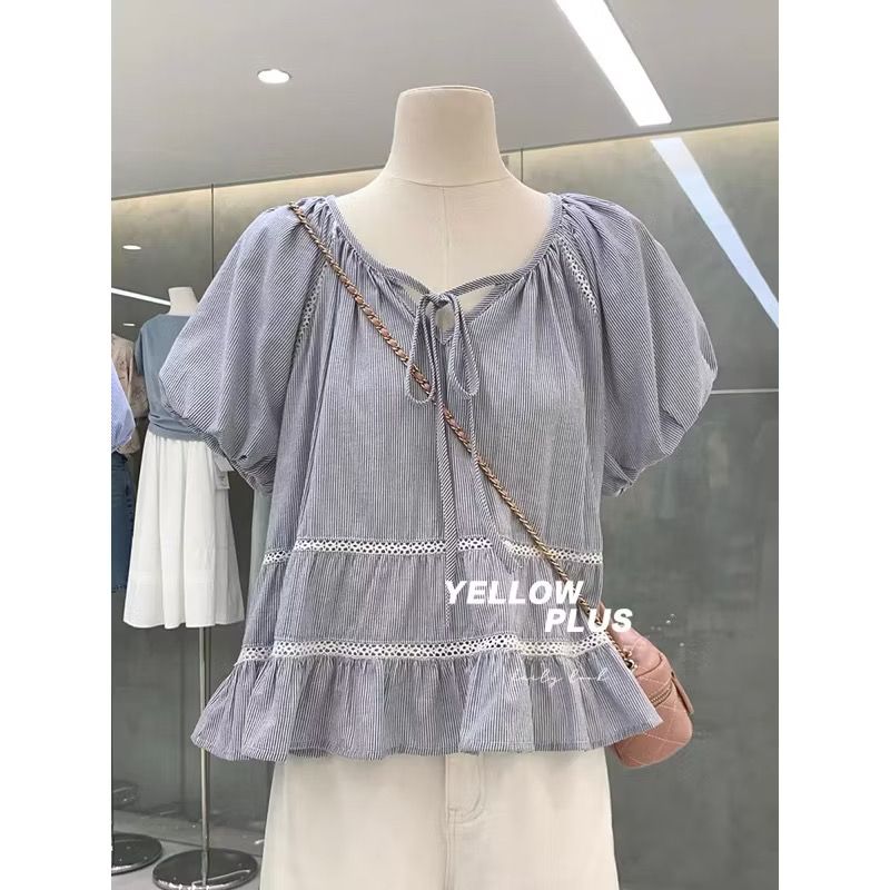 LEN2828 Áo babydoll sọc viền ren (ĐEN)