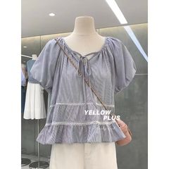LEN2828 Áo babydoll sọc viền ren (ĐEN)