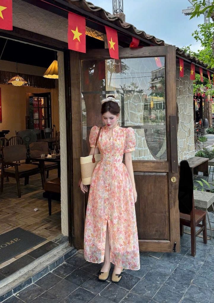 VGU0102 ĐẦM HOA NÚT BỌC ( HOA CAM )