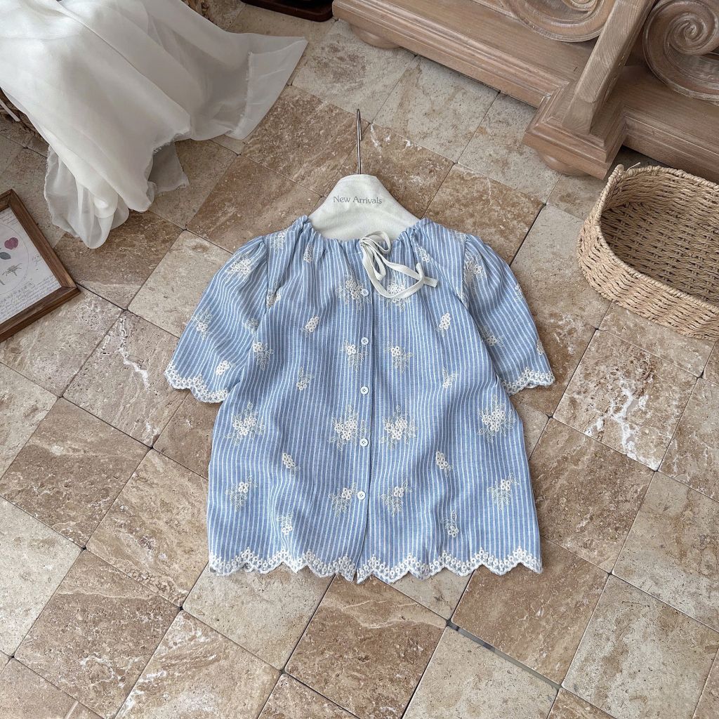 LEN2997 ÁO BABYDOLL SỌC THÊU VIỀN REN XANH 2838-1