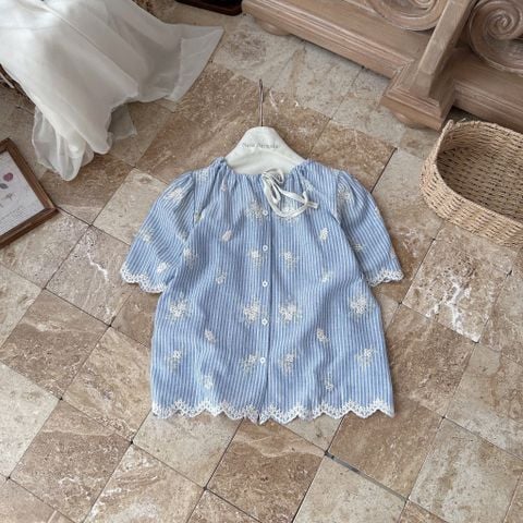 LEN2997 ÁO BABYDOLL SỌC THÊU VIỀN REN XANH 2838-1