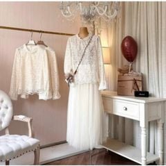 LEN1441 SET ÁO REN CỔ NGỌC, CV TÙNG LƯỚI DÀI KEM