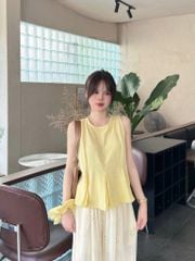 KS0890-Set áo tơ vàng, quần suông thêu hoa Kem (kèm cột tóc)