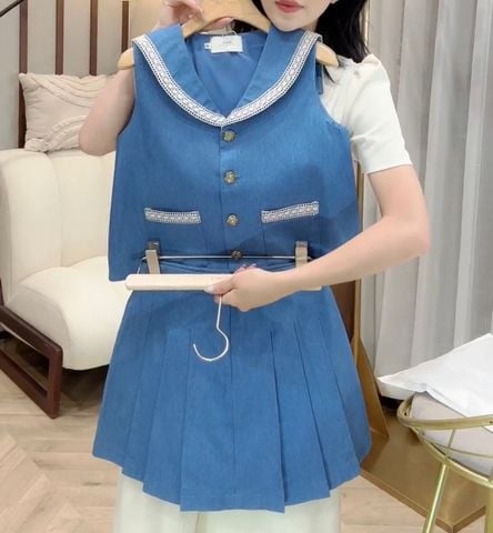 OAK0065 SET GILE JEAN CỔ VIỀN REN, CV XẾP LI