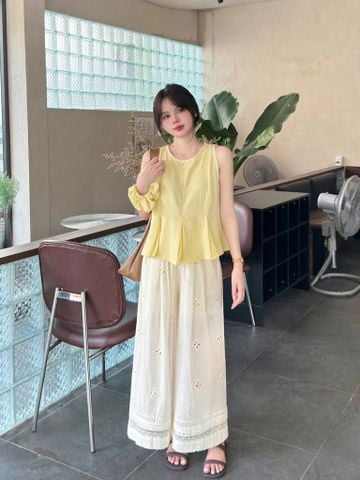 KS0890-Set áo tơ vàng, quần suông thêu hoa Kem (kèm cột tóc)