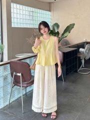 KS0890-Set áo tơ vàng, quần suông thêu hoa Kem (kèm cột tóc)