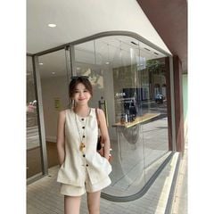 KS0883-Set linen quần short Kem