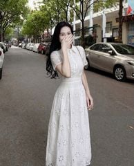KS0882-Đầm xô thêu CC phối nút bọc cổ sơ mi Trắng