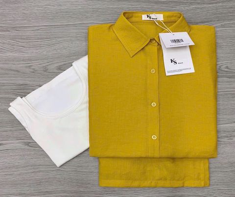 KS0895-Set 3 món (áo sơ mi vàng, áo thun 3lỗ trắng, quần short)
