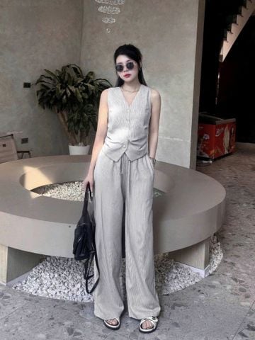 KS0885-Set áo Gile nhúng eo, quần suông sọc