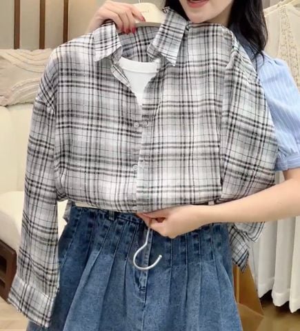 LEN2784 SƠMI CARO ĐÍNH ĐÁ + ÁO DÂY (ĐEN)