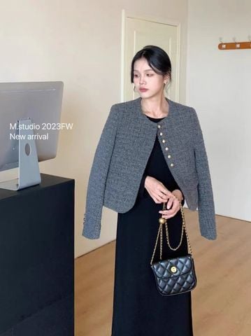 QCC0156-Áo dạ nút đồng phối nắp túi ghi Xám