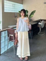 KS0889-Set áo tơ xanh, quần suông thêu hoa Kem (kèm cột tóc)