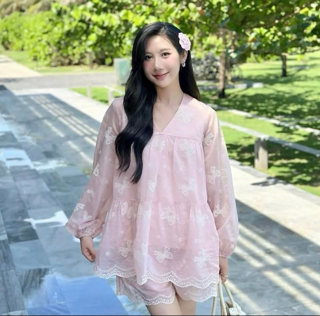 LEN1344 SET TƠ THÊU NƠ, QUẦN SHORT (HỒNG)
