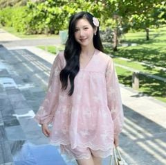 LEN1344 SET TƠ THÊU NƠ, QUẦN SHORT (HỒNG)
