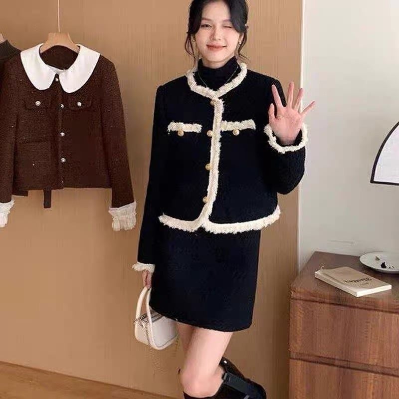 QCC0135 SET DẠ ĐEN PHỐI VIỀN, CV NGẮN