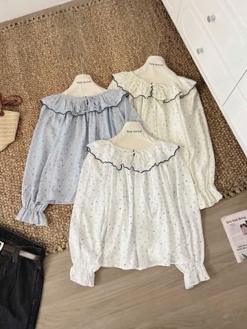 LEN1399 ÁO HOA NHÍ CỔ BÈO (XANH)