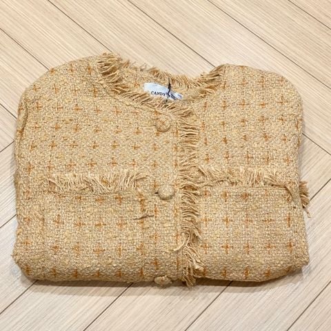 QCC0061- Áo dạ nút bọc phối túi lai tua rua Nâu