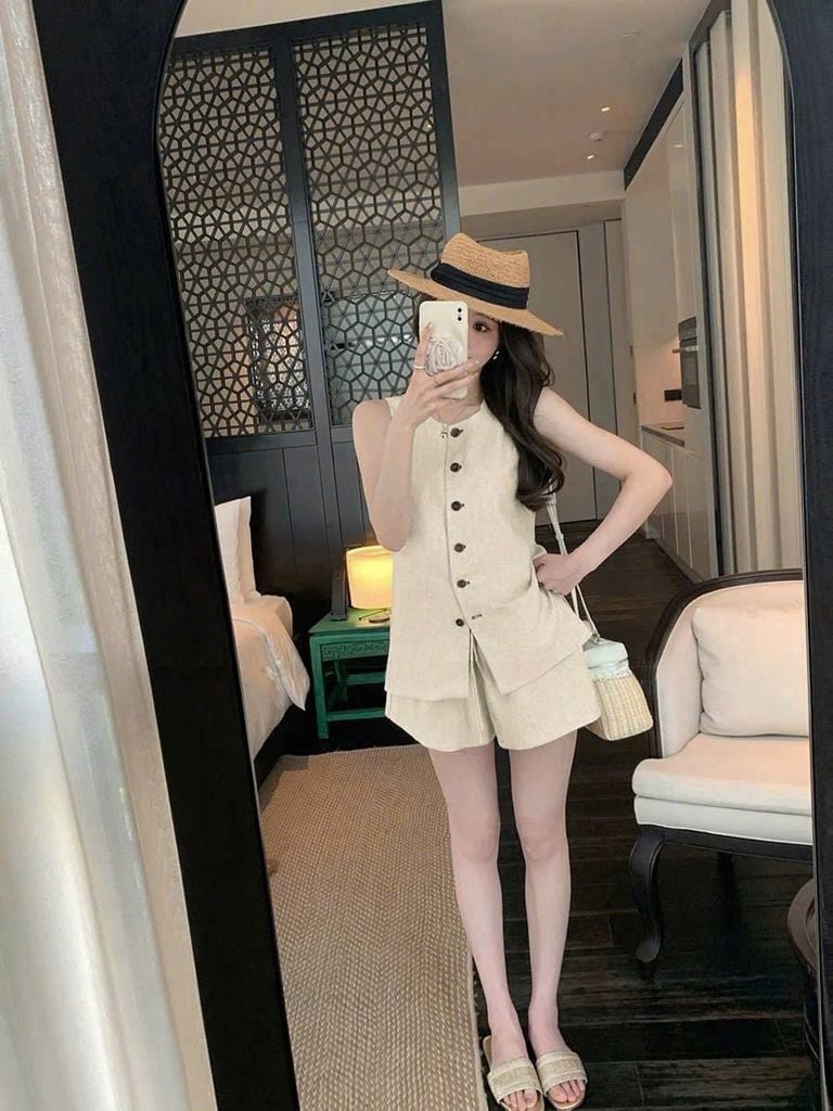 KS0883-Set linen quần short Kem
