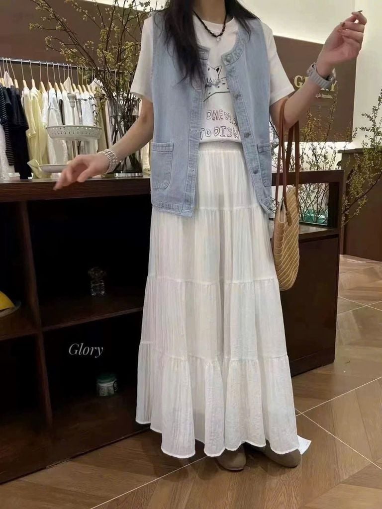 LEN3236 Chân váy đũi tầng Trắng 2531