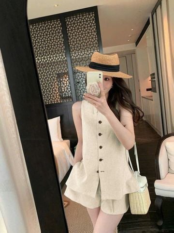 KS0883-Set linen quần short Kem