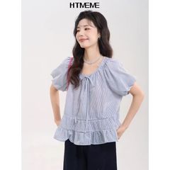LEN2828 Áo babydoll sọc viền ren (ĐEN)
