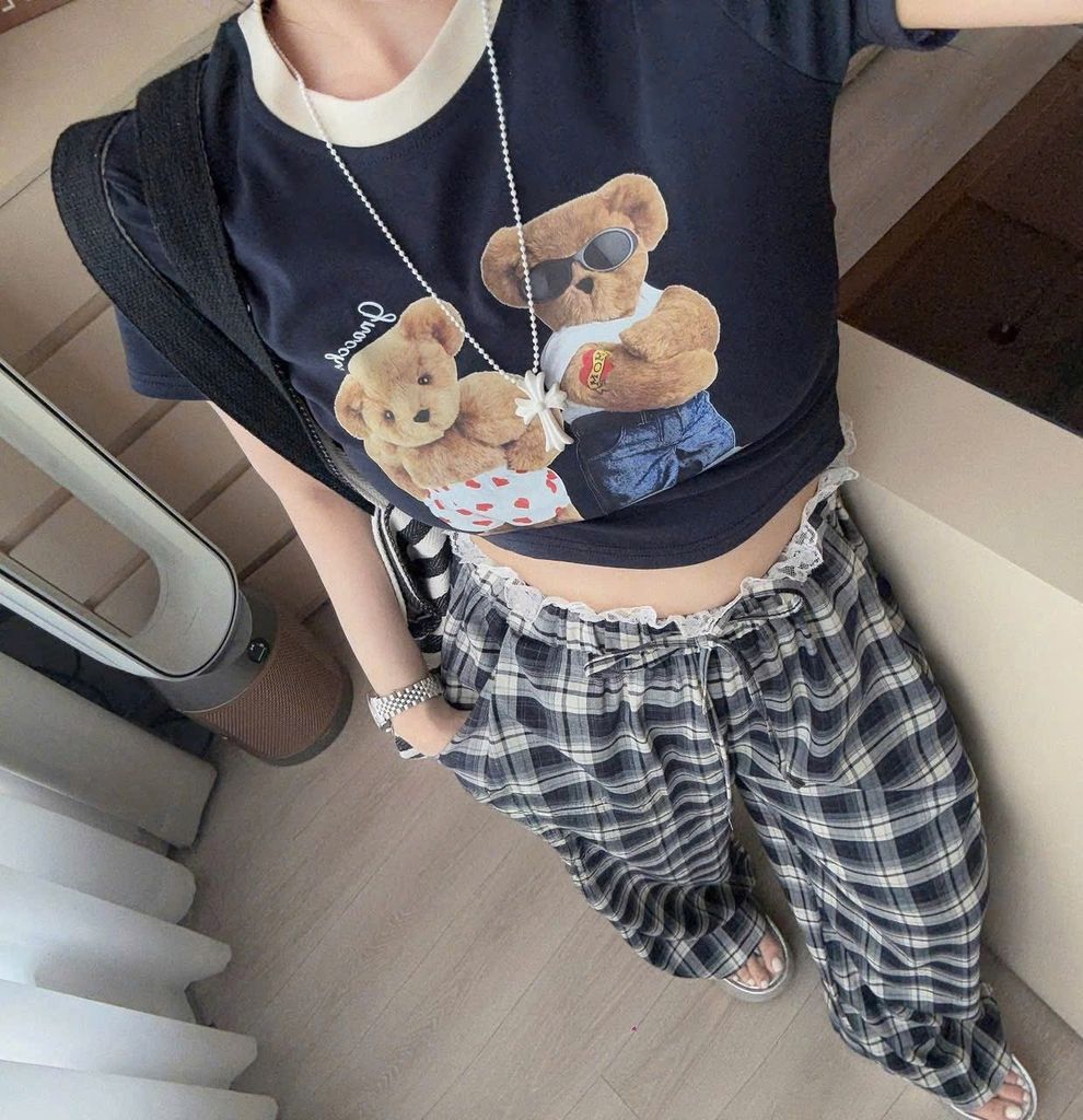 TB8541 SET ÁO THUN GẤU, QUẦN DÀI CARO