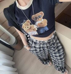 TB8541 SET ÁO THUN GẤU, QUẦN DÀI CARO