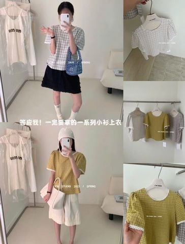 LIN0250 Áo caro viền ren Đen F305