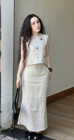 VGU0219 SET LINEN THÊU HỌA TIẾT, CV DÀI