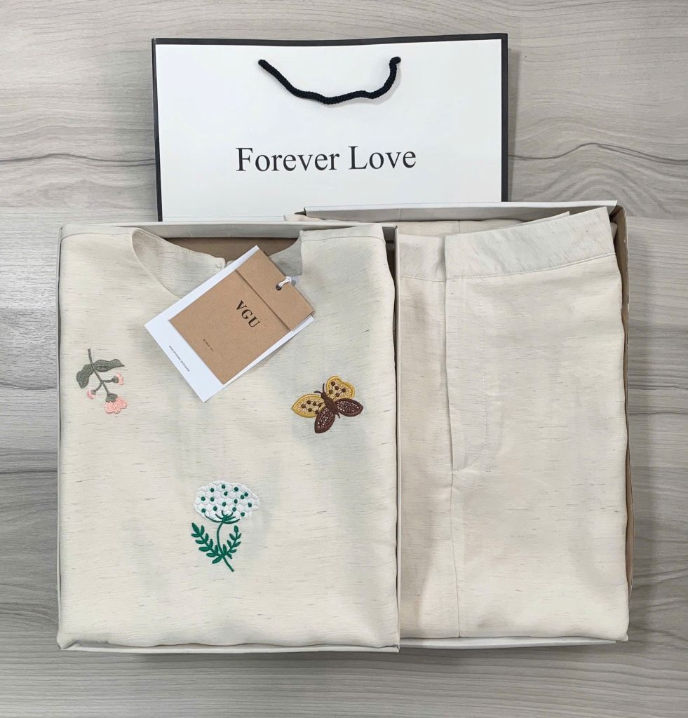 VGU0219 SET LINEN THÊU HỌA TIẾT, CV DÀI