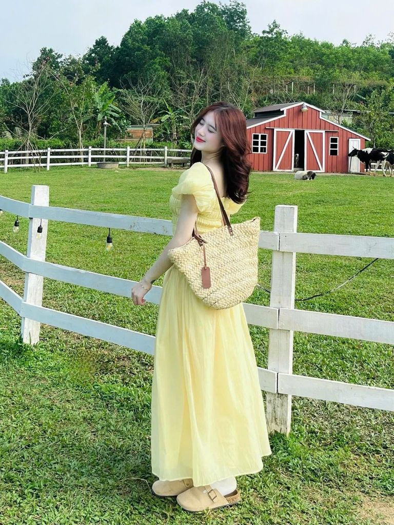 VRA0610 ĐẦM VÀNG MOCKING THUN TAY PHỒNG