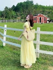 VRA0610 ĐẦM VÀNG MOCKING THUN TAY PHỒNG