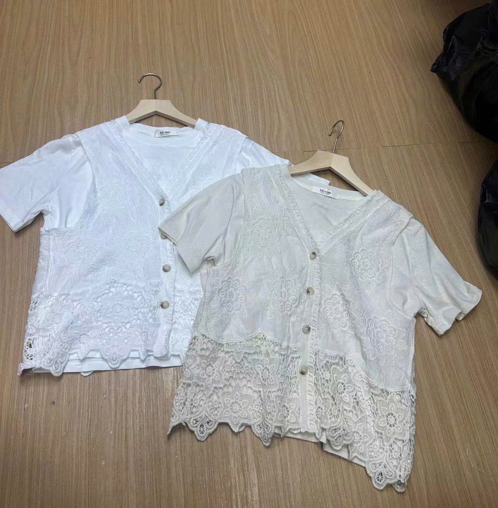 LEN3138 Áo thêu hoa chân ren Trắng + áo thun 8001
