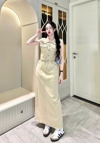 TB8374 - ĐẦM CAO CẤP KAKI JEAN PHỐI NÚT - KÈM NỊT