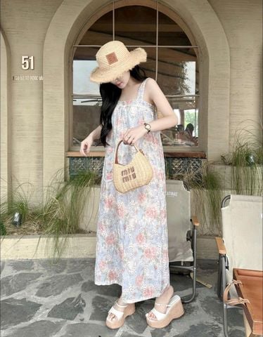KS8423- ĐẦM HOA PHỐI TÚI XANH DƯƠNG