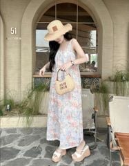 KS8423- ĐẦM HOA PHỐI TÚI XANH DƯƠNG