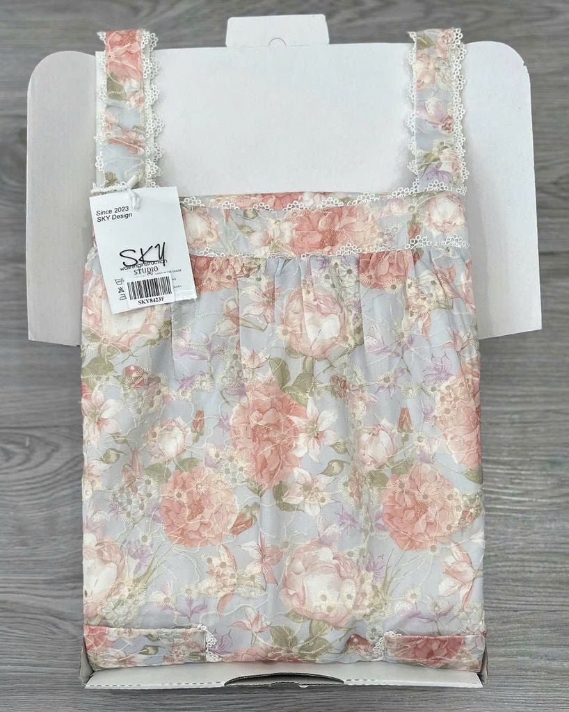 KS8423- ĐẦM HOA PHỐI TÚI XANH DƯƠNG