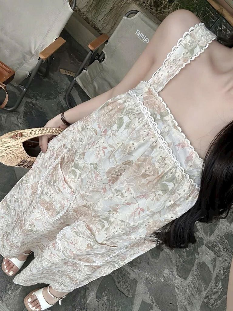 KS8422- ĐẦM HOA PHỐI TÚI XANH LÁ