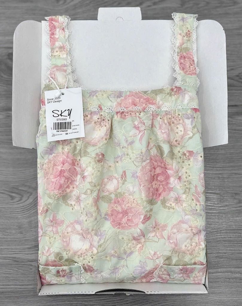 KS8422- ĐẦM HOA PHỐI TÚI XANH LÁ