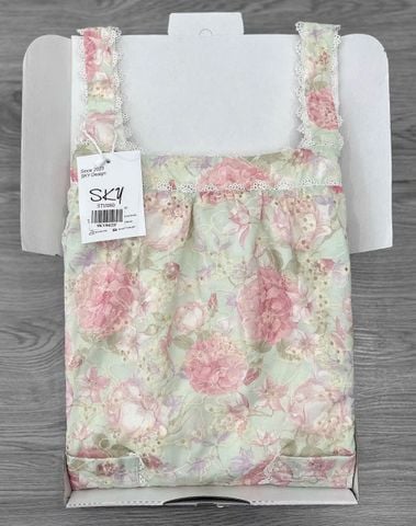 KS8422- ĐẦM HOA PHỐI TÚI XANH LÁ