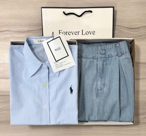 VGU0385 - SET ÁO SƠ MI TRẮNG RÚT DÂY EO - CV JEAN XANH NHẠT