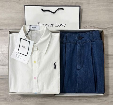 VGU0384 - SET ÁO SƠ MI TRẮNG RÚT DÂY EO - CV JEAN XANH ĐẬM