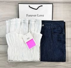 VGU0386 - SET ÁO KIỂU PHỐI VIỀN REN + QUẦN JEAN DÀI