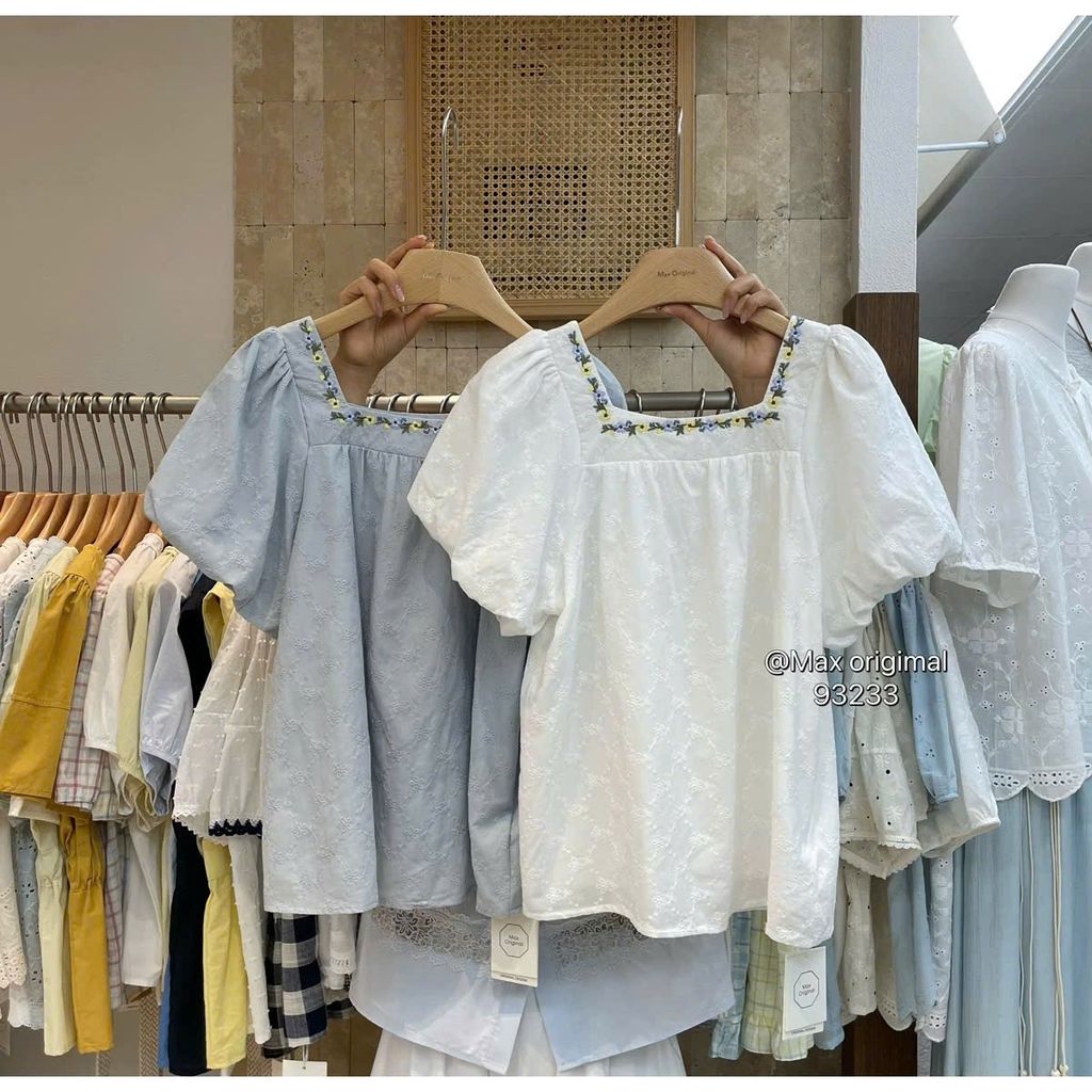 LEN3589 Áo thêu nổi cổ vuông hoa Trắng 25268