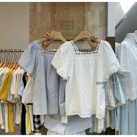 LEN3589 Áo thêu nổi cổ vuông hoa Trắng 25268