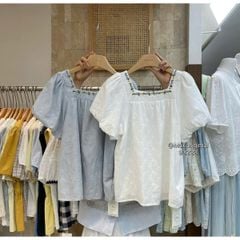 LEN3589 Áo thêu nổi cổ vuông hoa Trắng 25268
