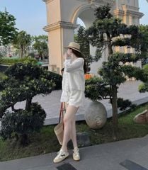 KS0851 Set xô thêu bèo ngực nút ngọc + quần short (Kem)