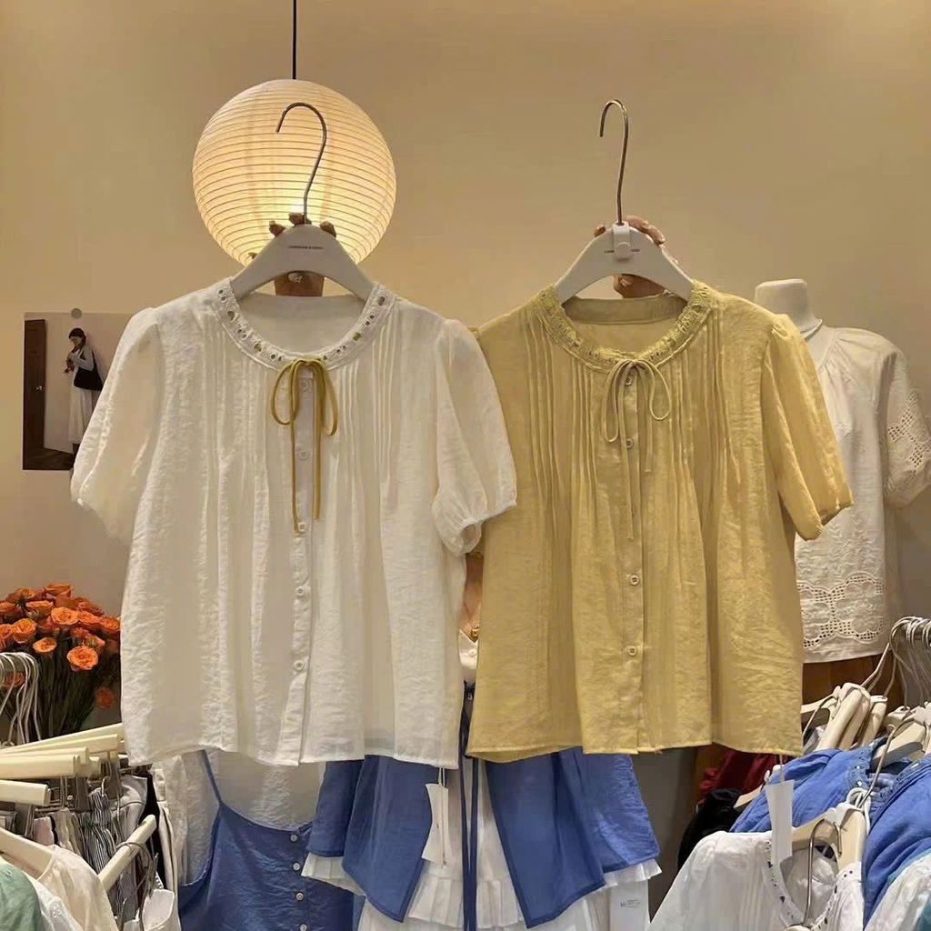 KS0843 Set áo xếp li nơ ngực, Quần dài (áo Vàng - quần Kem)
